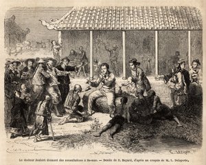 Dr. Joubert geeft consultaties in Se-Mao (Se Mao) (China), na het genezen van een ernstig gewonde soldaat, valt de hele bevolking van de stad de binnenplaats van de woning van het verkenningsteam binnen in de hoop op behandeling, de meesten van hen lijden  door Unknown artist