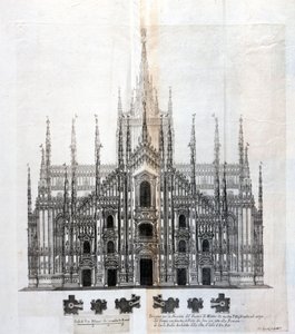 Tekening van de gevel van de Duomo van Milaan die de uniformiteit met het gebouw toont. Veel architecturale projecten werden rond de 17e eeuw ontworpen om de gevel te voltooien die onafgewerkt was gebleven