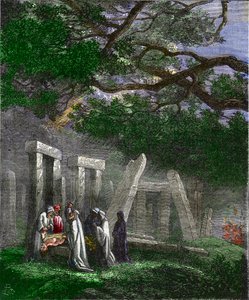 Druïden die een mensenoffer brengen bij Stonehenge gestopt door Romeinse soldaten - Mensenoffer door de druïden bij Stonehenge gestopt door de Romeinse soldaten tijdens het ritueel - Kleurgravure uit de 19e eeuw