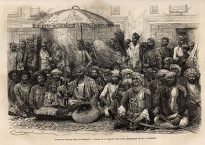 Durbar (feodale en juridische raad van een prinselijke staat) van Maharaja Rana, van het koninkrijk Dholepore (Rajasthan). Gravure ter illustratie van 