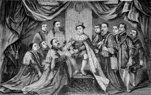 Edward VI (1547 -1553), Koning van Engeland, verleent een privilege door het ondertekenen van een charter aan Bridewell - volgens Hans Holbein.