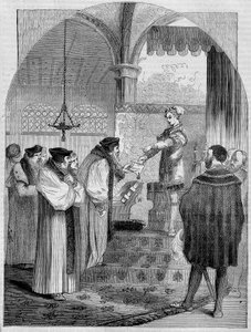 Eduard VI (1547-1553), Koning van Engeland, presenteert het certificaat van Joan Bocher aan Aartsbisschop Cranmer