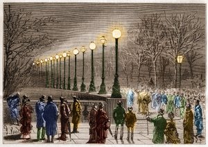 Elektrische verlichting: vloerlampen van Victoria Quay in Londen, Groot-Brittannië. Gravure in “La Nature” door Unknown artist