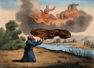 Elia opgeheven naar de hemel laat zijn mantel achter aan Elisa als teken van opvolging. De twee profeten gingen naar Jericho toen Elia werd meegenomen door een vurige wagen getrokken door vurige paarden, gestuurd door God, in een stormachtige lucht. Anonie door Unknown artist