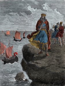 Keizer Karel de Grote (Carlo Magno) kijkt naar de aankomst van Noormannenschepen - Koning Karel de Grote (742/747-814), koning van de Franken, kijkt neer op schepen gevuld met binnenvallende Noormannen