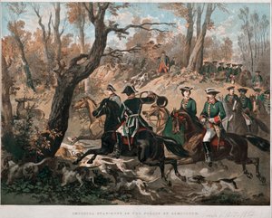 Keizer Napoleon III (1808-1873) en zijn vrouw Eugenia de Montijo (1826-1920) wandelend door het bos van Compiegne. Lithografie in kleur rond 1855 Milaan Museo del Risorgimento door Unknown artist