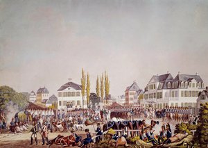 Keizer Napoleon I inspecteert de troepen in Frankfurt. Gravure uit 1813