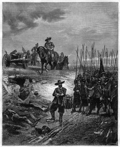 Engelse Burgeroorlogen: Oliver Cromwell (1599-1658) bij de Slag bij Marston Moor, 2 juli 1644 - Parlementariërs verslaan royalisten onder prins Rupert. Gravure 19e eeuw