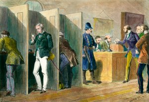 Engelse democratie: Binnen een stembureau tijdens verkiezingen in Engeland met weergave van de stemhokjes. Gravure uit de 19e eeuw. Coll. Out.