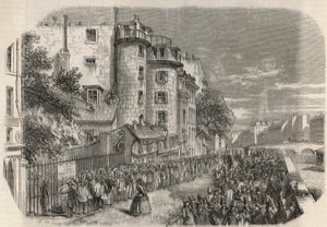Ingang van de politieprefectuur door rue de Jerusalem op de hoek van Quai des Orfevres in Parijs in de 19e eeuw voor 1871 - Gravure in 