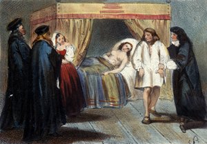 Episode van de mannelijkheidstest van Vincent I Gonzague, hertog van Mantua, voor zijn huwelijk met Eléonore, dochter van François de Medici, in 1584. Lithografie uit de 19e eeuw door Unknown artist