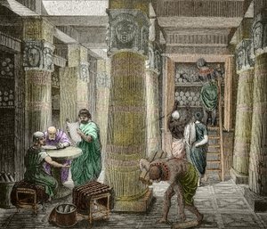 Geleerden in de bibliotheek van Alexandrië, vernietigd in 642, Egypte) (Uitzicht op de bibliotheek van Alexandrië, Egypte) 19e eeuw (gravure)
