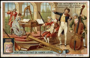 Evolutie van muziekinstrumenten: kamermuziekinstrumenten in de 18e eeuw - chromo Liébig. door Unknown artist