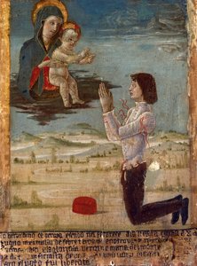 Ex-voto met Madonna en Kind met knielende man die bidt, Abdij van St Maria del Monte, Cesena, Emilia-Romagna, Italië