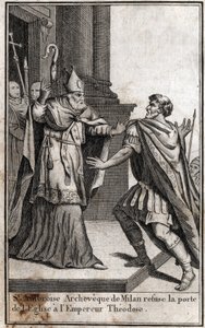 Excommunicatie: de boog van St. Ambrosius van Milaan weigert de kerkdeur aan de Romeinse keizer Theodosius I om hem te straffen voor het bloedbad van Thessaloniki in 390. Gravure in 