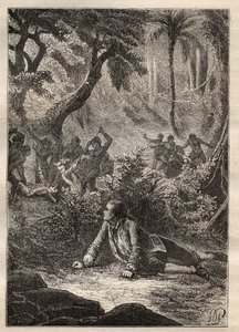 Expeditie door Nicolas Thomas Marion-Dufresne (Marion Dufresne) (1729-1772): de enige overlevende matroos getuigt van het bloedbad van al zijn kameraden, inclusief Marion, door de inboorlingen van Assassins Bay (Matuaro-eiland, Nieuw-Zeeland) - illustratie door Unknown artist