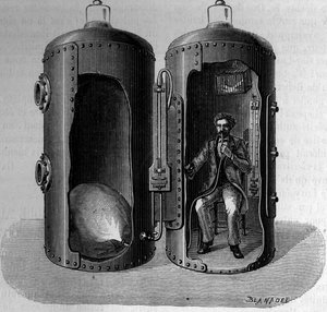 Ervaring met barometrische druk door de fysioloog Paul Bert (1833-1886): ademhaling van zuurstofrijke lucht, verwijdt door afnemende druk. Gravure in 