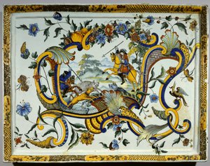 Faience schaal met een wilde zwijnen jachtscène door Unknown artist