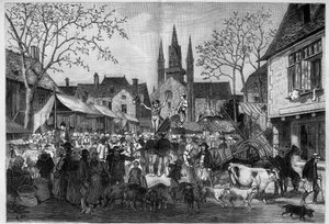 Kermis in Bretagne op het plein van een dorp. Gravure in "Le Monde Illustré" door Unknown artist