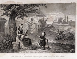 Familiezorg zal de duurste bezigheid van de vrouw maken Moeder van Familie op het platteland - gravure door Unknown artist