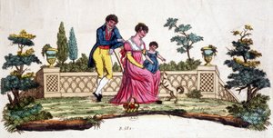 Familie in een park. Vroege 19e-eeuwse gravure. door Unknown artist