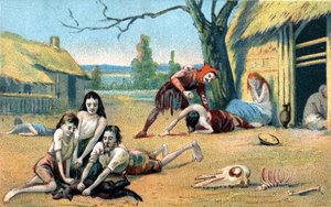 Hongersnood in de Middeleeuwen. 19e-eeuwse chromolithografie