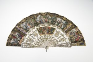 Waaier, ca. 1860, Gedrukt en geschilderd papier, parelmoer, goud, zilver en koper, en spiegel, Maker onbekend door Unknown artist