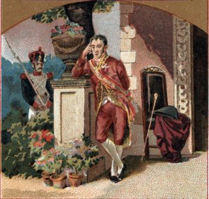 Ferdinand VII van Spanje (1784-1833) gevangene van Napoleon I in het kasteel van Valencay (Indre). Chromolithografie uit het einde van de 19e eeuw