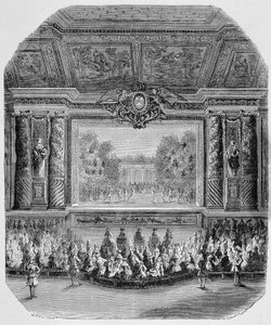Feest van Lodewijk XIV, door de hertog van Saint Aignan (Komedie in muziek, gespeeld in het park van Versailles) Gravure