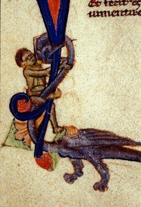 Gevecht tussen een draak en een man (detail van een 14e-eeuwse miniatuur) door Unknown artist