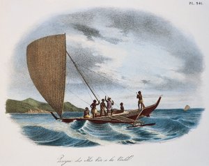Fijische zeilkano, kleuren gravure
