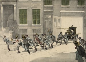 Brandweerlieden vertrekken naar noodoproepen op de brandplaats, aquarel van 1895. VS door Unknown artist