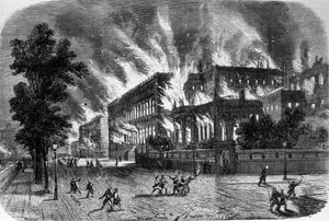 Brand van de Rekenkamer en het Legioen van Eer op 23 maart 1871 tijdens de Commune in Parijs. Gravure uit de 19e eeuw door Unknown artist