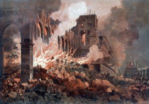 Brand van het Ministerie van Financiën (destijds in de Tuilerieën) op 24 mei 1871 - lithografie, eind 19e eeuw door Unknown artist