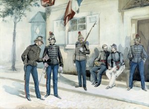 Brandweerlieden voor hun kazerne in 1870 door Unknown artist