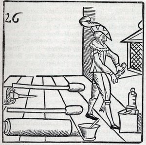 Vuurwerk en vuurwerk: Ambachtsman die fakkels maakt. Reproductie van de gravures van het werk van de Franse jezuïet Jean Leurechon La recreation mathematiques, ou Interview facetieux sur plusieurs plaisants problemes, en fait d