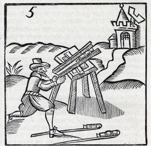 Vuurwerk en vuurwerk: Ambachtsman die stokjes gooit. Reproductie van de gravures van het werk van de Franse jezuïet Jean Leurechon 