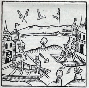 Vuurwerk en vuurwerk: Vuurwerk op water. Reproductie van de gravures van het werk van de Franse jezuïet Jean Leurechon La recreation mathematiques, ou Interview facetieux sur plusieurs plaisants problemes, en fait d