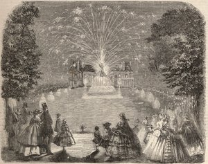 Vuurwerk en verlichting van het kasteel van Maison Laffitte op de avond van de landbouwcommissie wedstrijd. Gravure in 