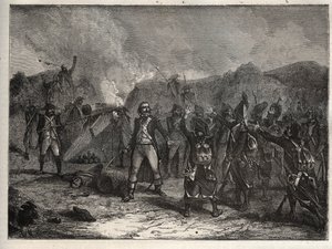 Eerste coalitie: Kolonel Antoine Guillaume (Antoine-Guillaume) Rampon (1759-1842) bij de Slag bij Montenotte op 12 april 1796, tijdens de Italiaanse campagne die de Franse troepen van Napoleon Bonaparte tegenover de Oostenrijkse en Sardijnse legers stelde door Unknown artist