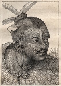 Eerste reis (1768-1771) van kapitein James Cook (1728-1779): getatoeëerd hoofd van een Nieuw-Zeelander - illustratie uit 