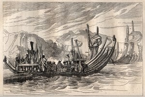 Eerste reis (1768-1771) van kapitein James Cook (1728-1779): de Tahiti vloot verzameld in Oparee - illustratie uit De Grote Zeevaarders van de 18e eeuw door Unknown artist