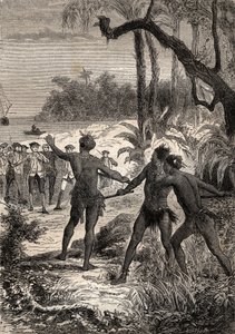Eerste reis (1768-1771) van kapitein James Cook (1728-1779): terwijl Cook en tien zeelieden langs de zuidkust van Nieuw-Guinea varen, komen drie Indianen met grote kreten uit het bos - illustratie uit 