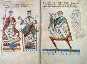 Flavius Josephus biedt zijn boek aan keizers Titus en Vespasianus aan. Miniatuur uit De Bello Judaico (Oorlog van de Joden) door Unknown artist
