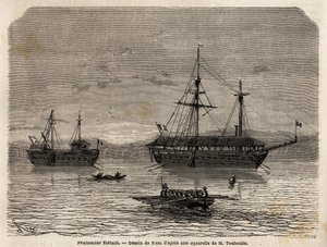 Drijvende gevangenissen van Frans-Guyana, een kolonie gewijd aan de gevangenschap van degenen die de rechtbanken overnamen en de mannen die moesten blijven. Gravure ter illustratie van de reis in Frans-Guyana in 1862-1863, door Frederic Bouyer, fregatkapit door Unknown artist