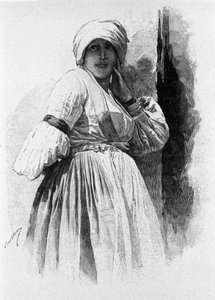 Folklore: vrouw in traditionele klederdracht van Piana degli Albanesi. Sicilië Gravure uit de 19e eeuw