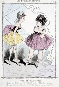 Volg- en luciferbelasting: "Weet je, schat, pas op, de luciferbelasting zal doorgaan! Je zult het ook niet verbergen, de belasting op volgers die tegelijkertijd zal doorgaan!" - karikatuur over de "nieuwe belastingen" door Unknown artist