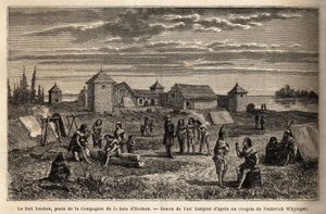 Fort Youkon, in de Golf van Norton, Alaska, gesticht in 1847, een vestiging van de Hudson Bay Company, Indianen gekampeerd rond de palissades. Gravure ter illustratie van de reis en avonturen in Engels Colombia, Vancouver Island en Alaska, door Frederick door Unknown artist