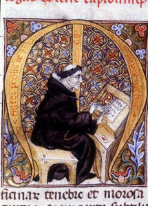 Fra Pietro di Pavia (Frere Pierre de Pavia), een kopiist aan het werk. 14e-eeuws manuscript. door Unknown artist