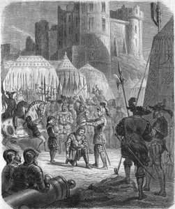 Frans I van Frankrijk vraagt om geridderd te worden door de Chevalier Bayard na de overwinning bij de Slag bij Marignano, Italië